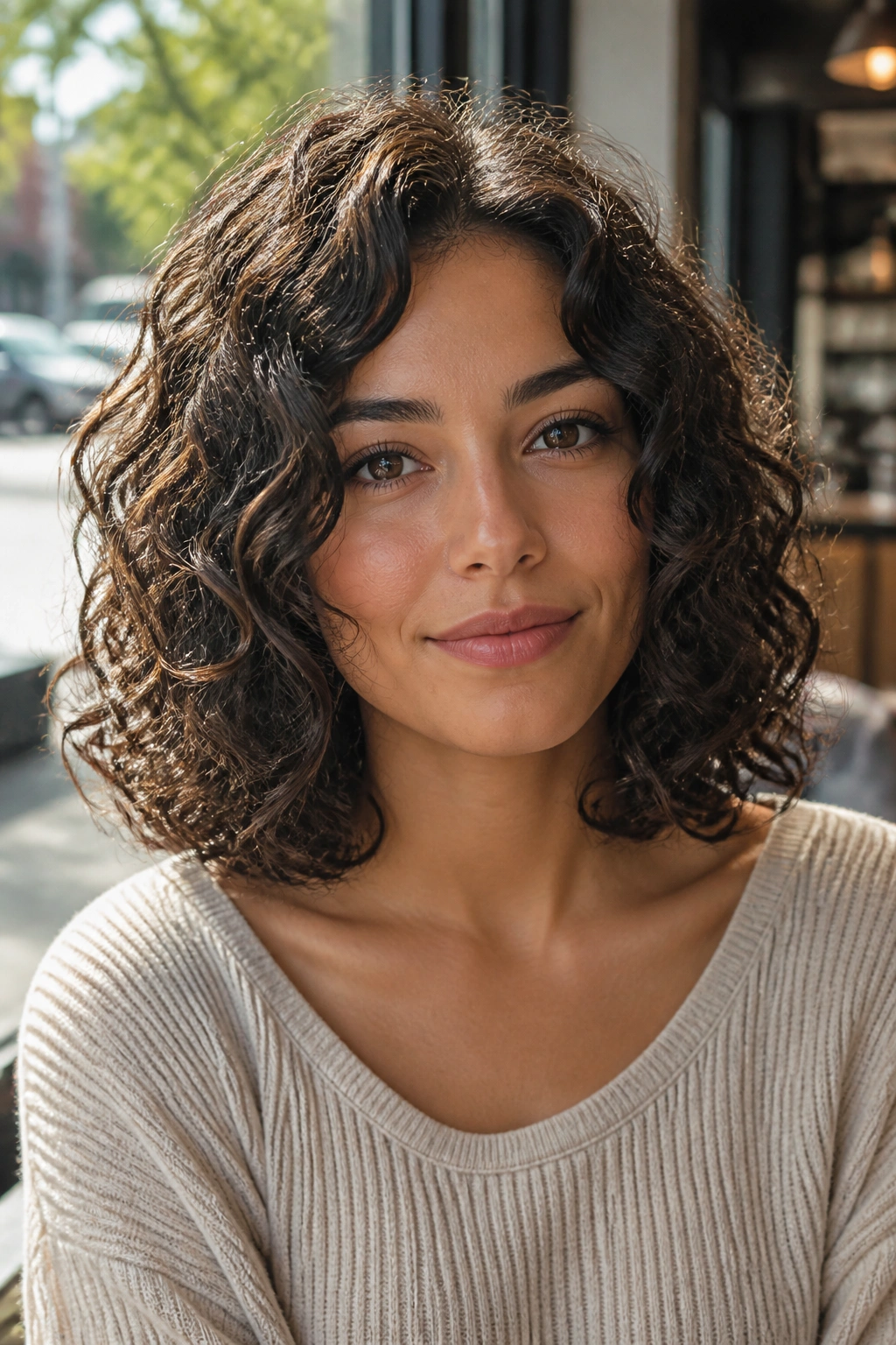 Close-up of Collarbone-Length Curly Bob on a real person