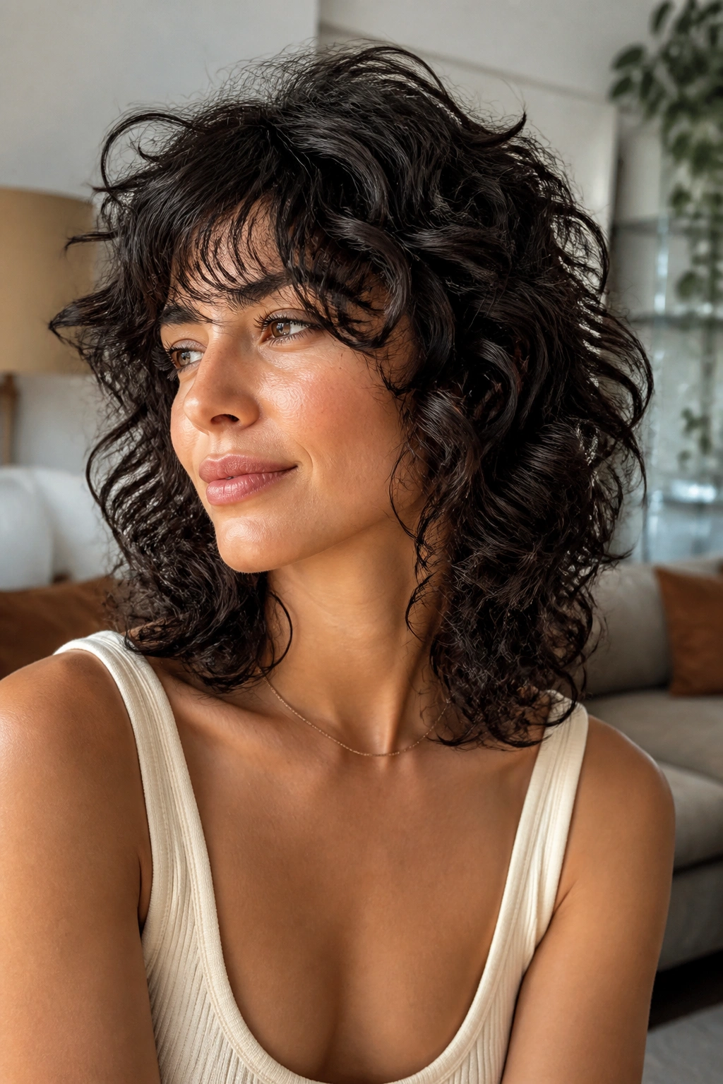 Close-up portrait of a real woman with collarbone-length curls in Collarbone Curly Shag, natural window light.