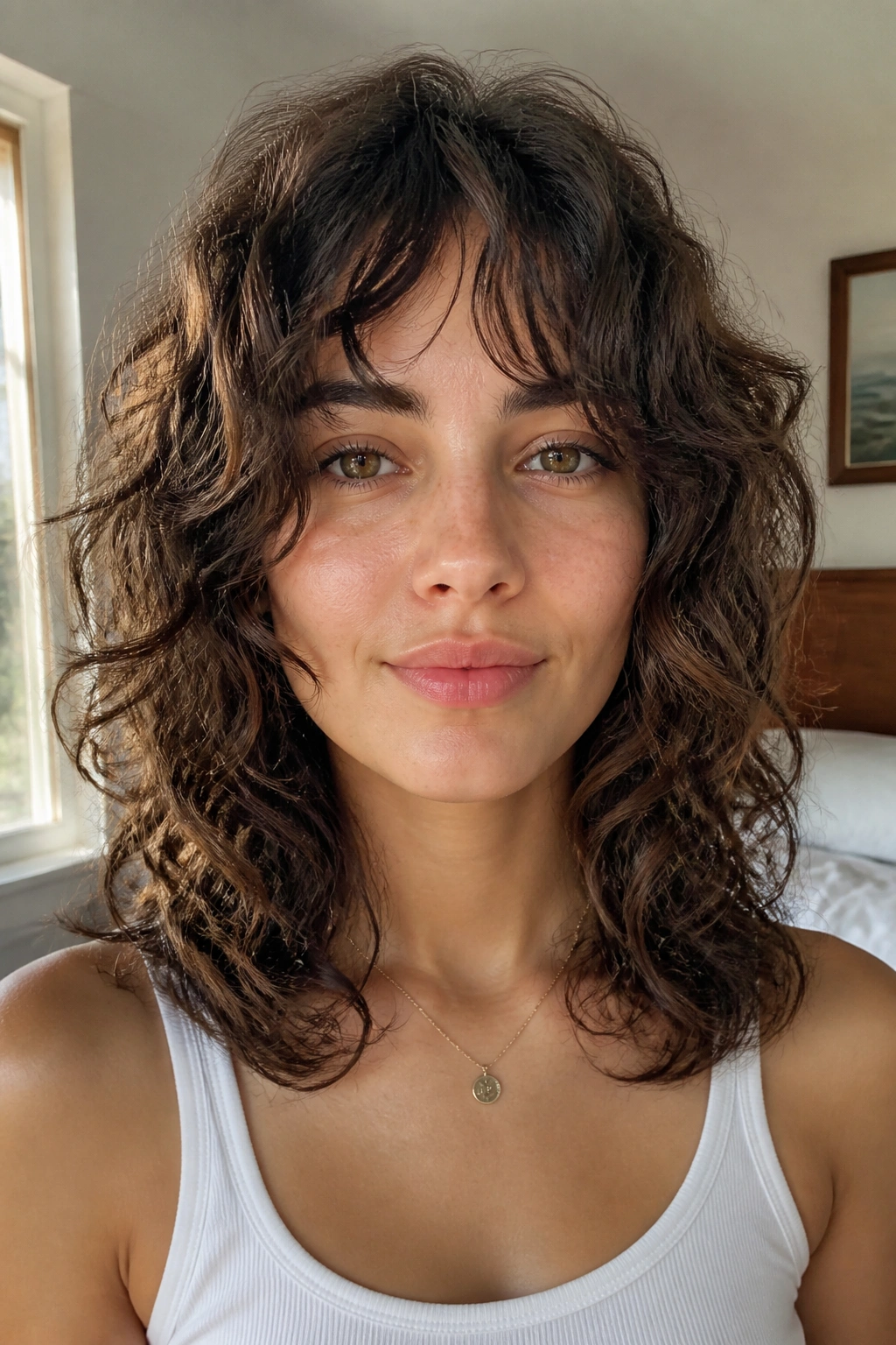Close-up portrait of a real woman with a collarbone-length curly wolf cut and face-framing layers.