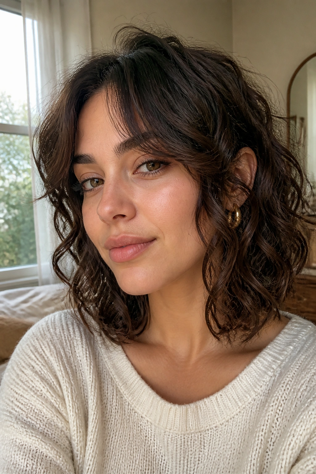 Close-up of a real woman with collarbone cut and curtain bangs.