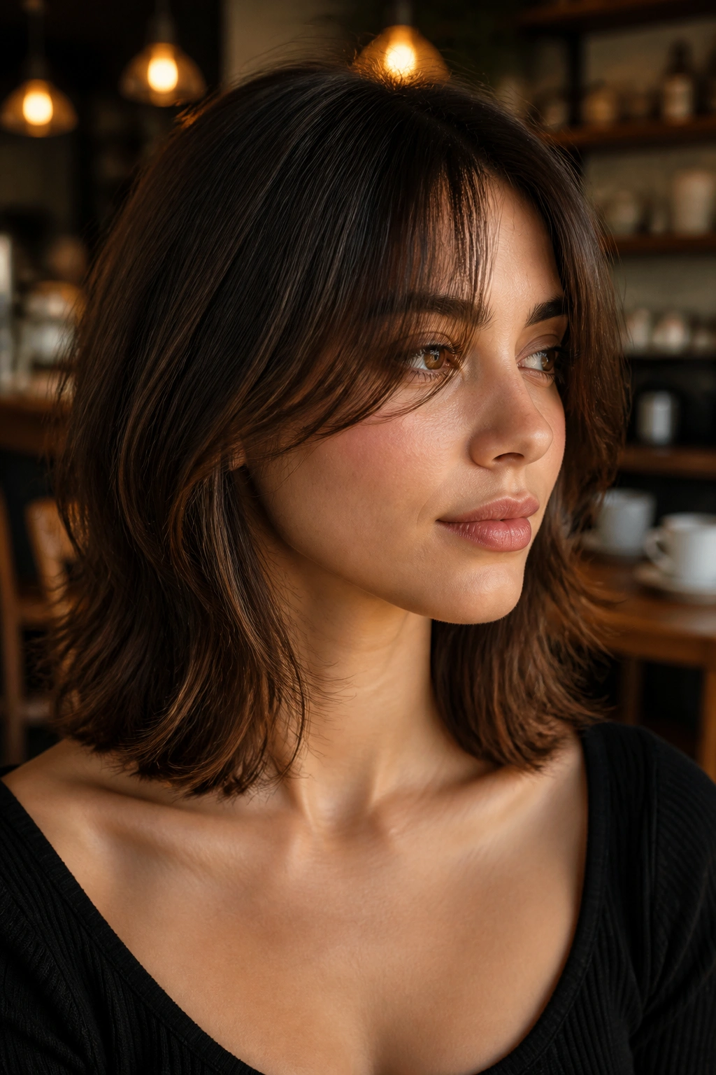 Close-up of a real person with collarbone-length hair and cheekbone-starting bangs in a cafe setting.