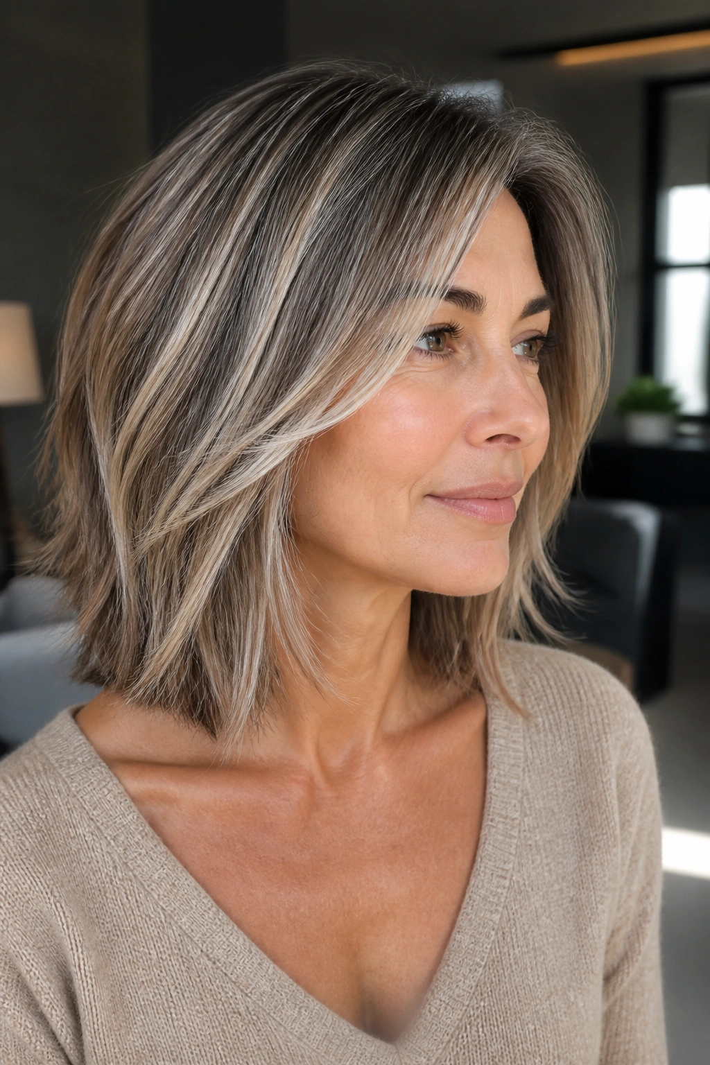 Close-up of a real woman with collarbone-length cut and beige ribbon highlights