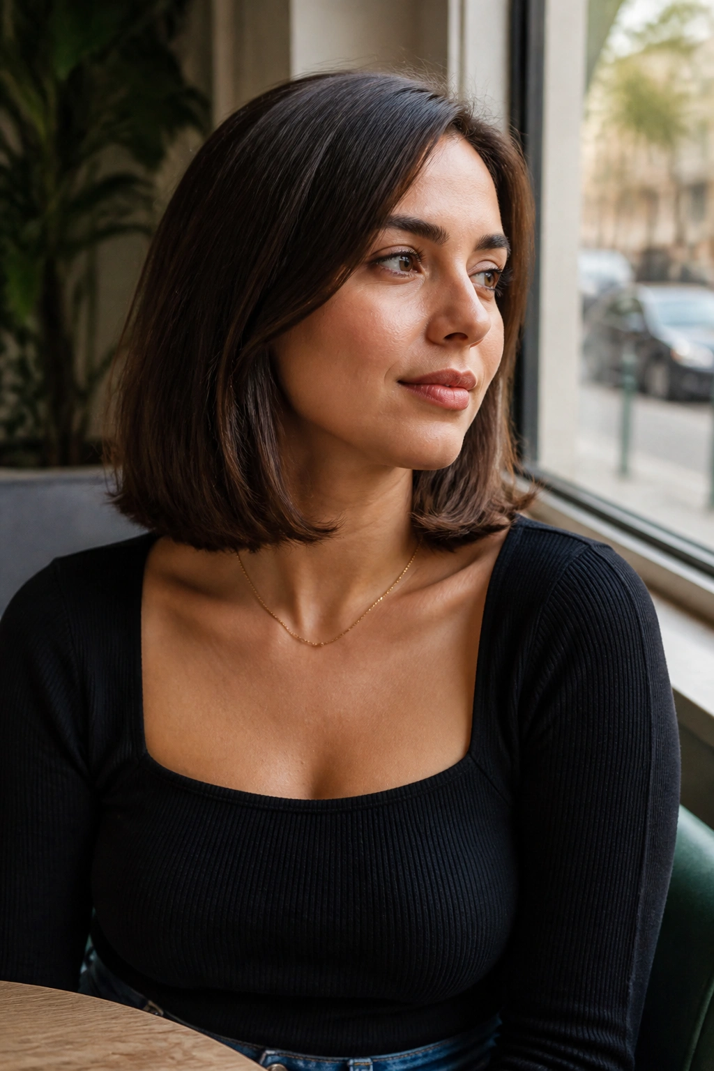 Close-up of a real woman with collarbone-length hair and bent-under ends in natural daylight