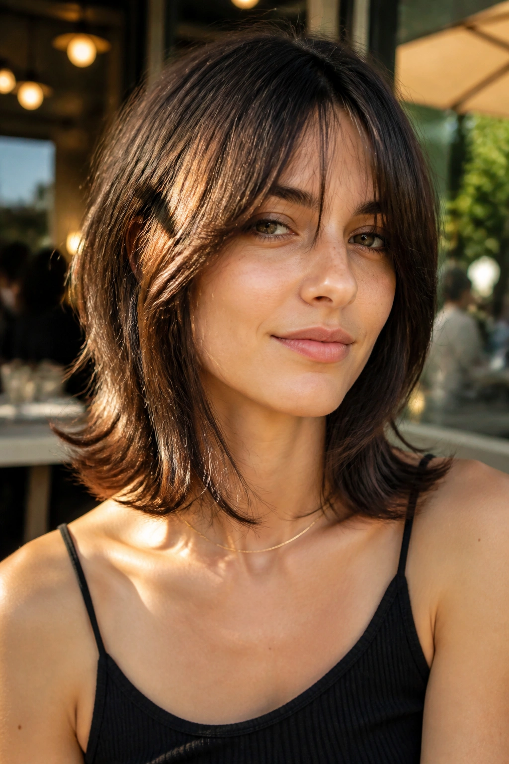 Portrait of a real woman with collarbone-cut hair and bottleneck bangs, flipped ends.