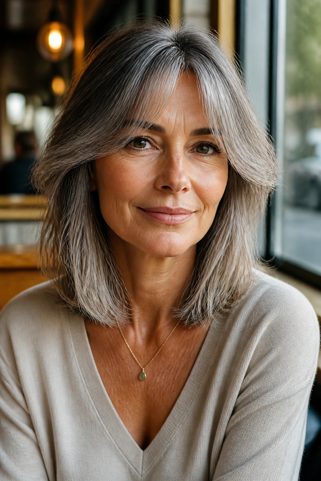 Portrait of a real woman with collarbone-length hair and curtain bangs.