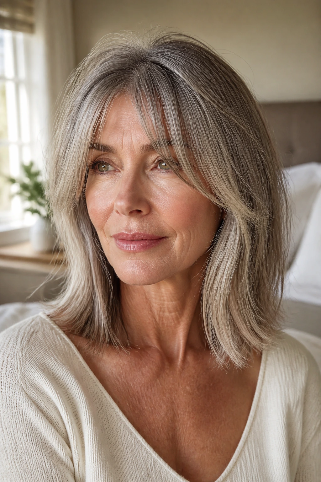 Close-up portrait of a real woman with collarbone-length hair and curtain bangs