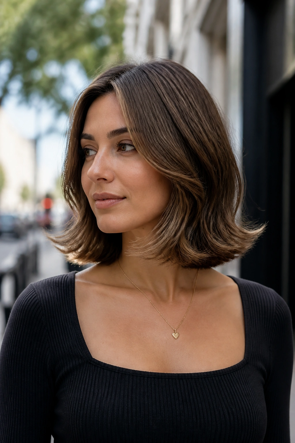 Medium shot of a woman with collarbone-length hair flipped at the ends