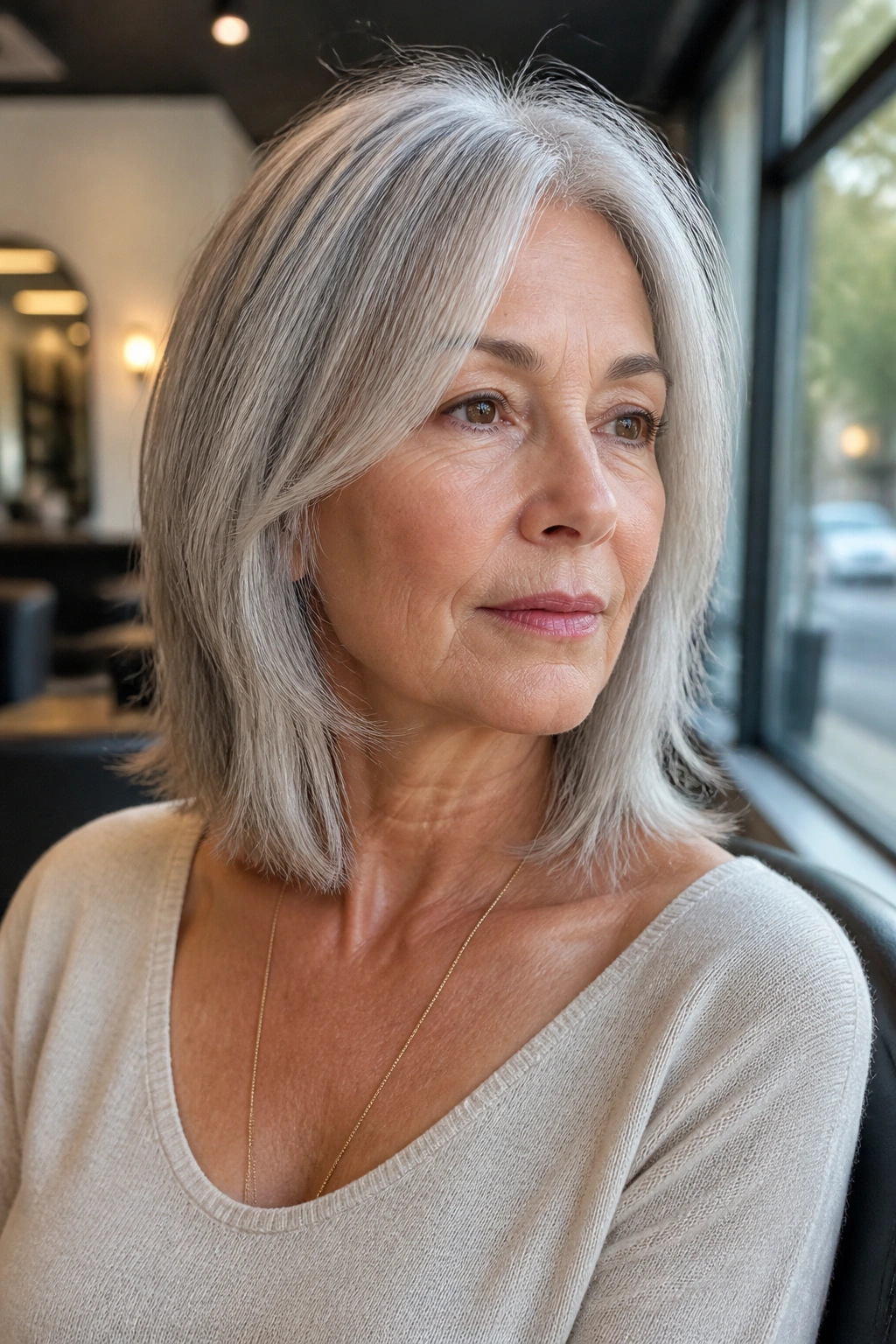 Close-up portrait of a real woman with a collarbone-length cut and face-framing pieces, gray hair.
