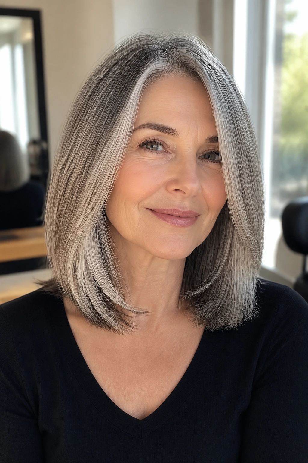 Close-up portrait of a real woman with a collarbone-length cut featuring hidden layers in soft salon light