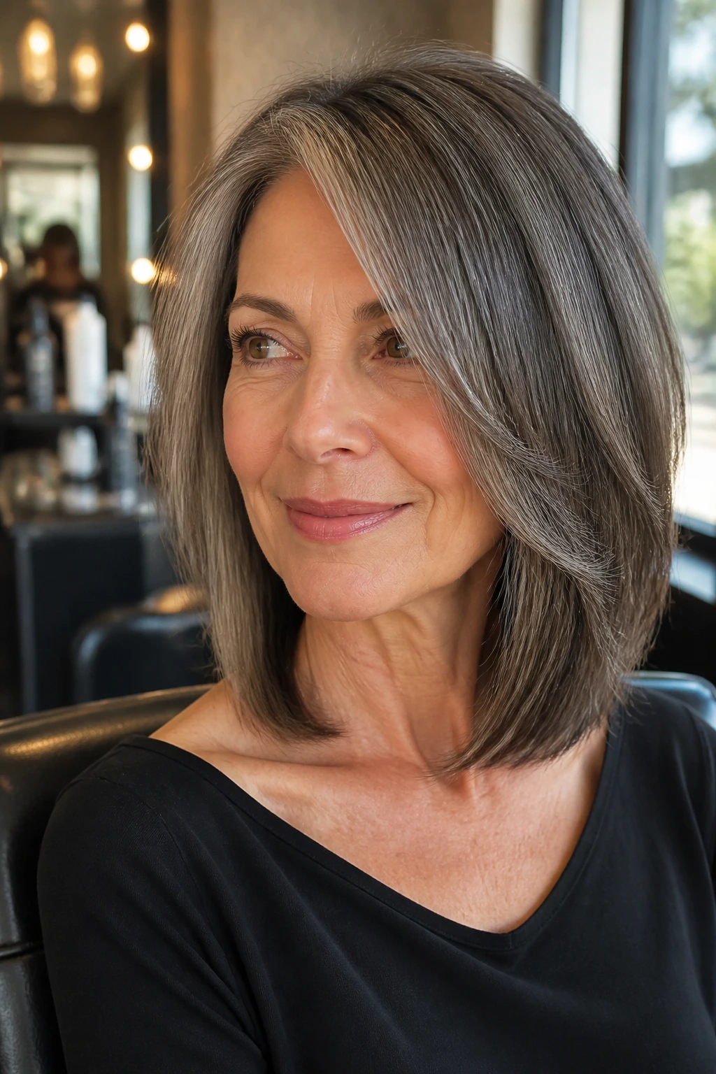 Portrait of a woman with a collarbone-length haircut and beveled ends.