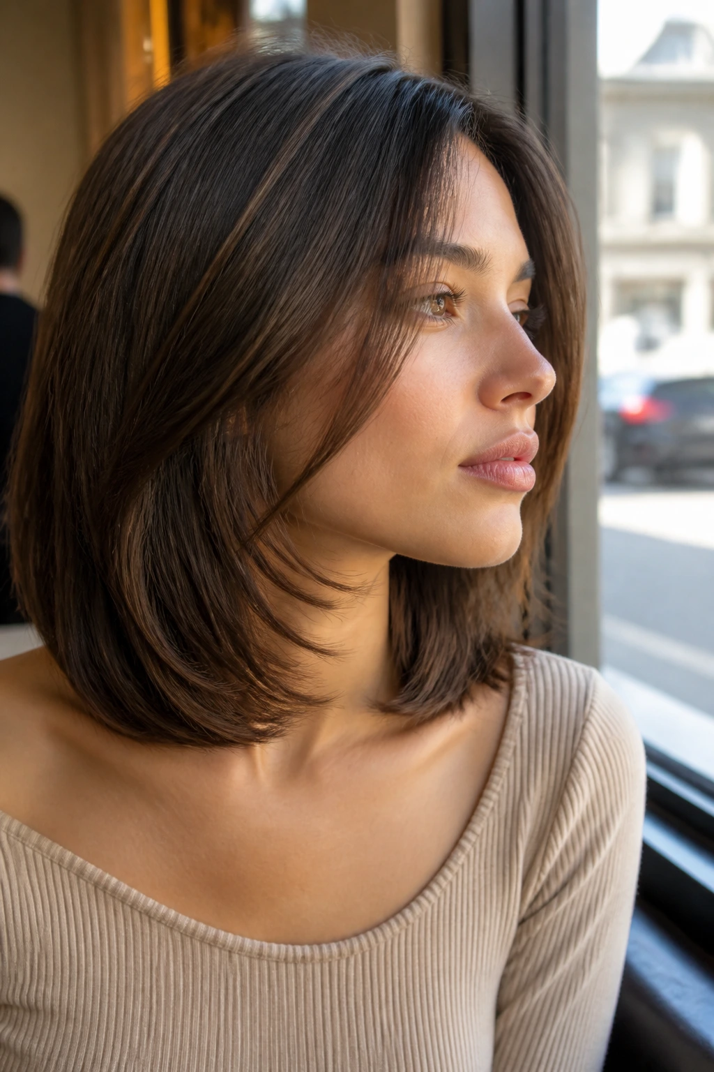Real woman with collarbone-length hair showing internal layers for movement