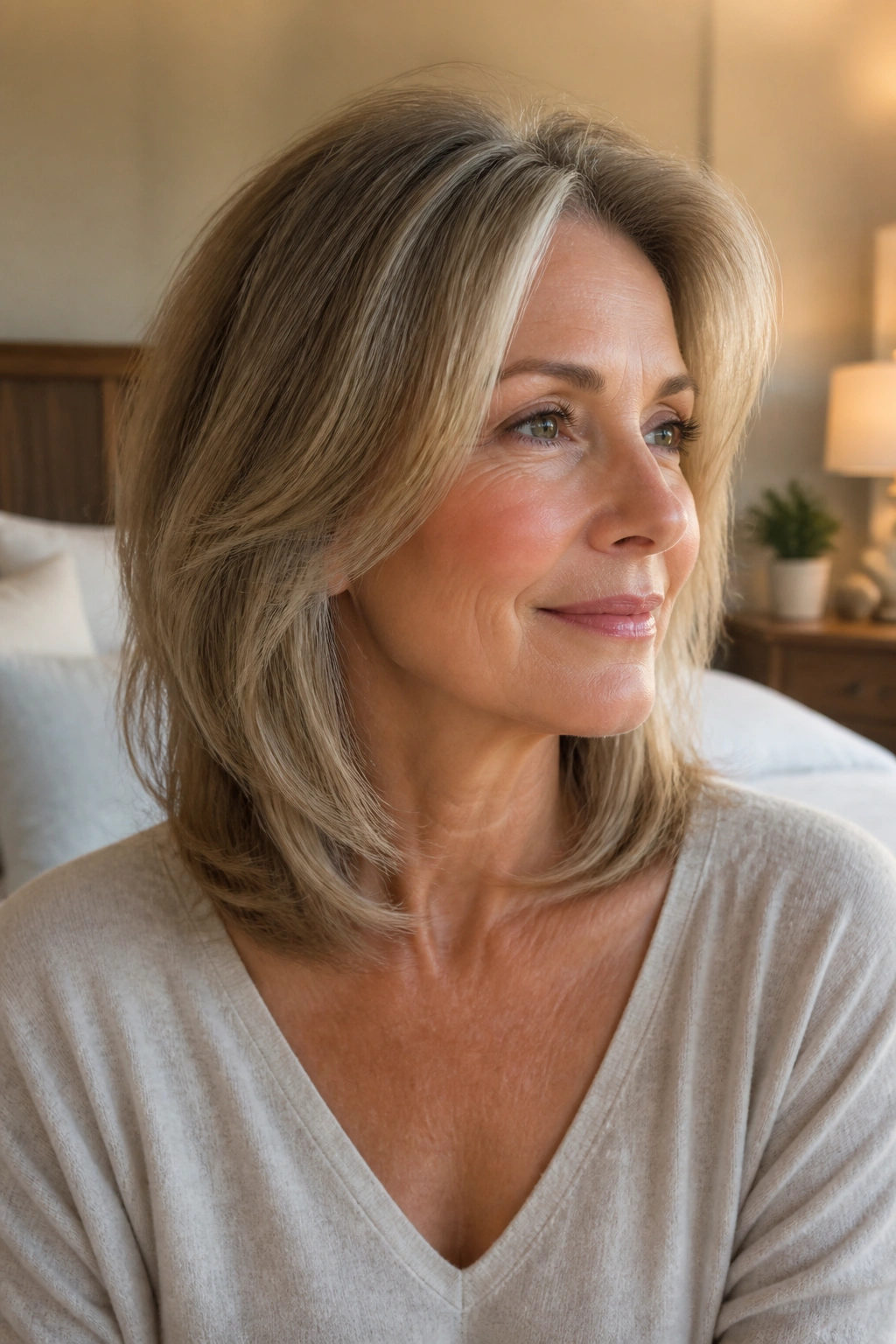 Gray-haired woman with collarbone-length cut and invisible layers