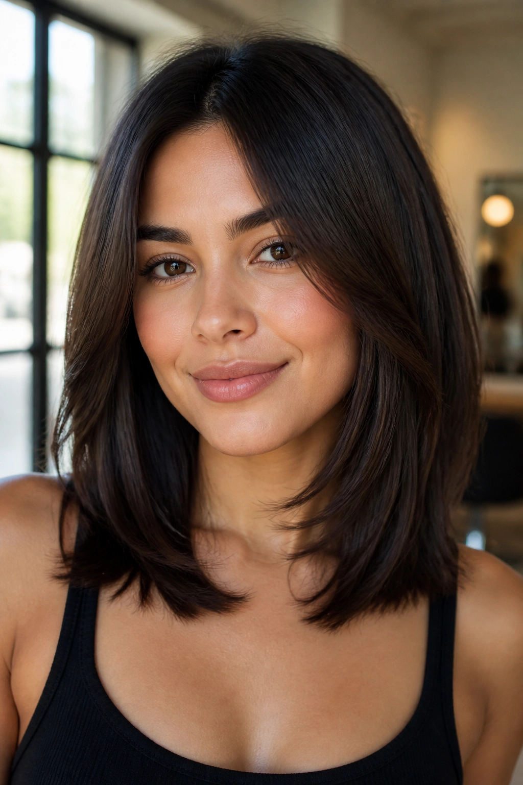 Portrait of a woman with collarbone-length hair and invisible layers in natural light
