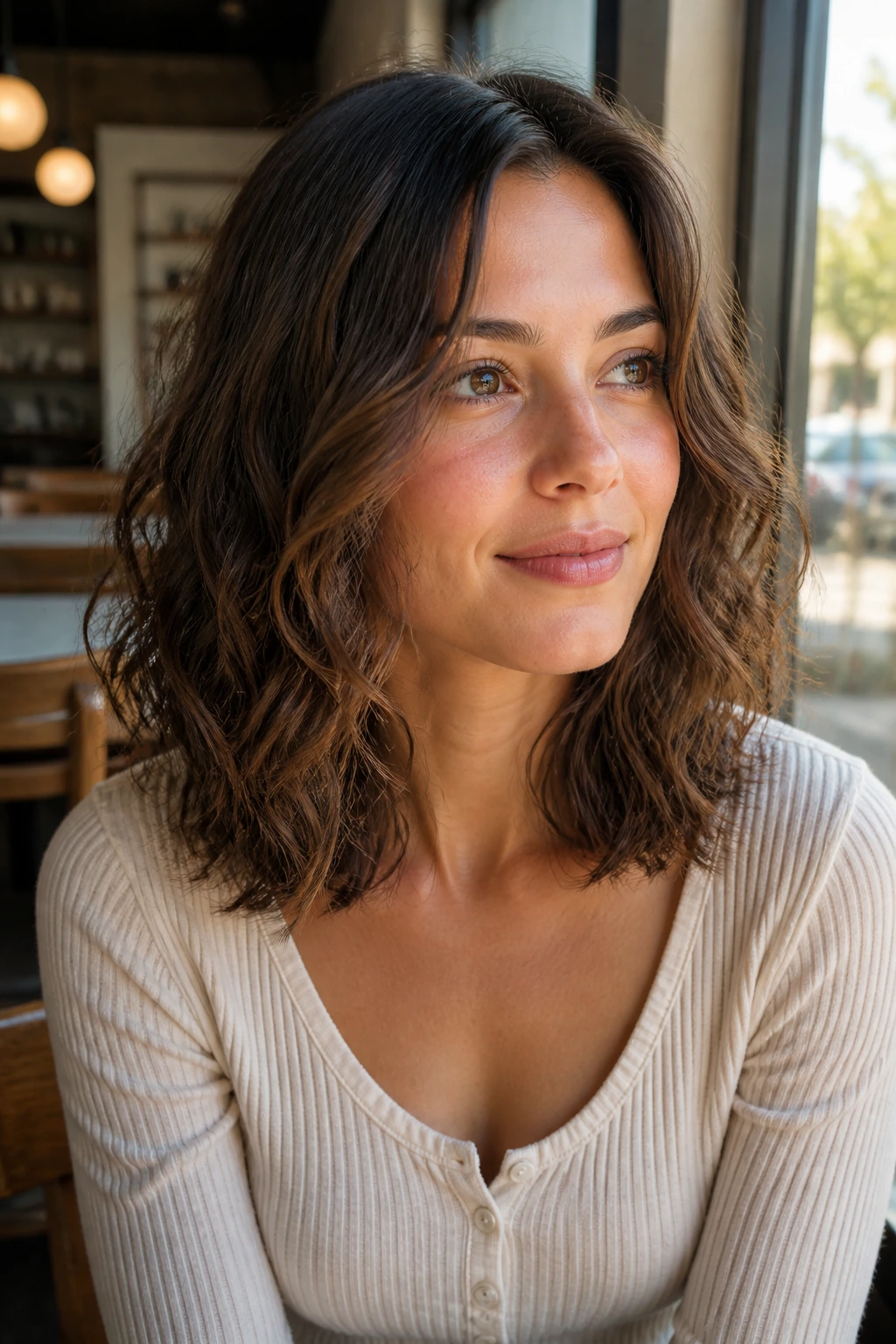 Portrait of a real person with collarbone-length wavy hair and invisible layers