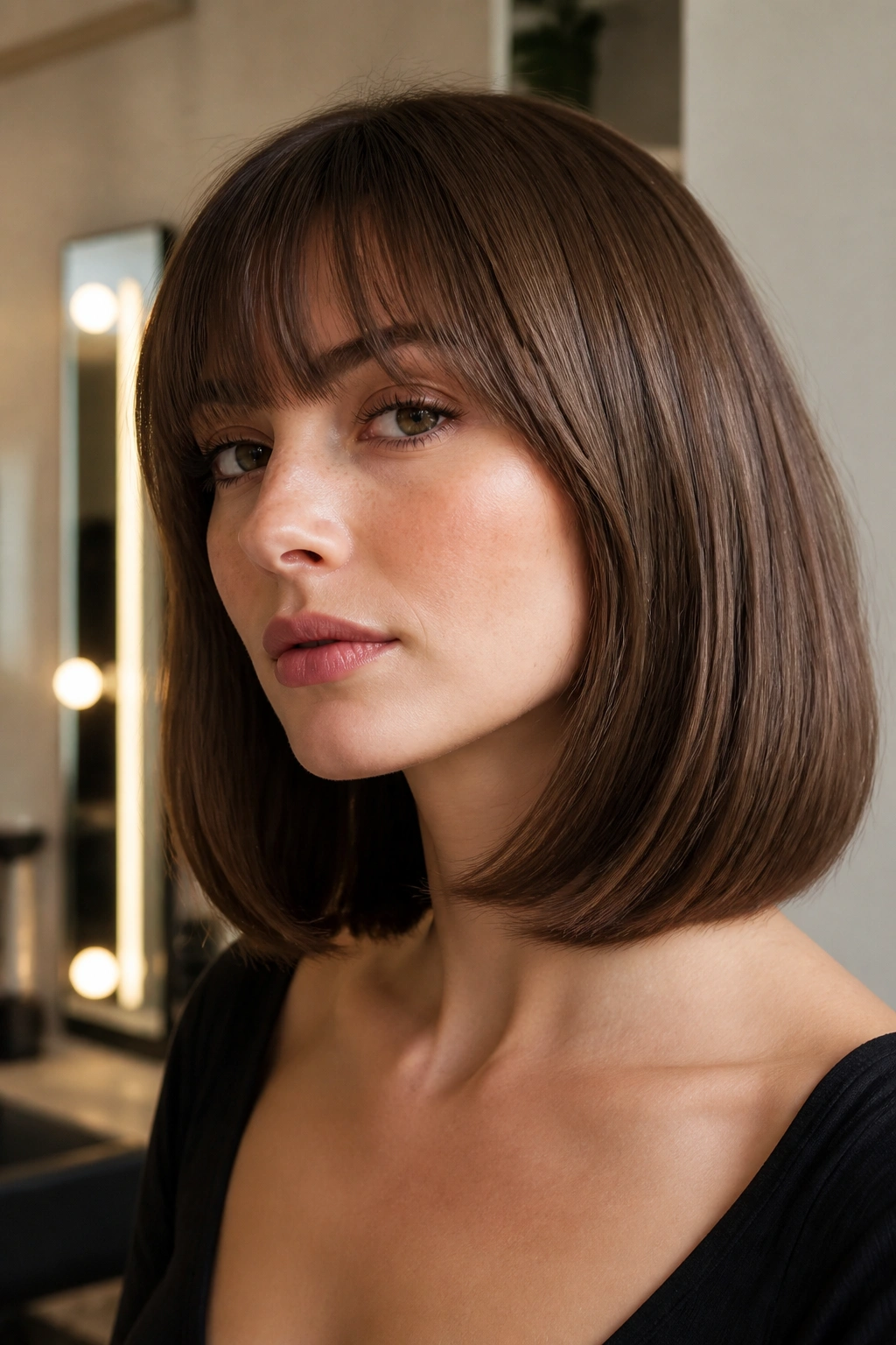Close-up of Collarbone Cut With Inward Bend on a real woman with inward-curved ends at collarbone length.
