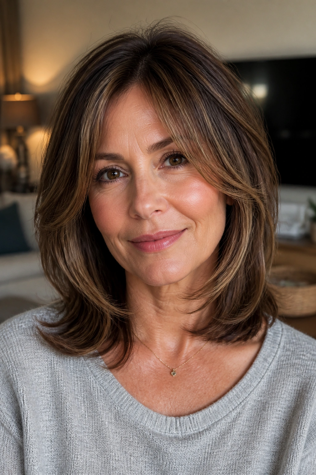 Close-up of a woman with collarbone length hair and soft internal layers