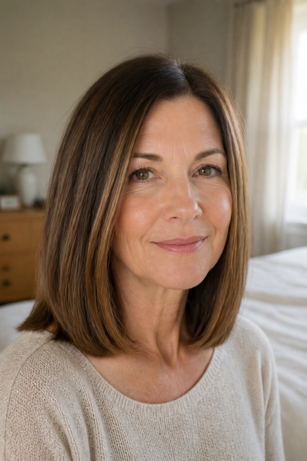 Close-up of a real woman with a one-length collarbone cut in soft window light