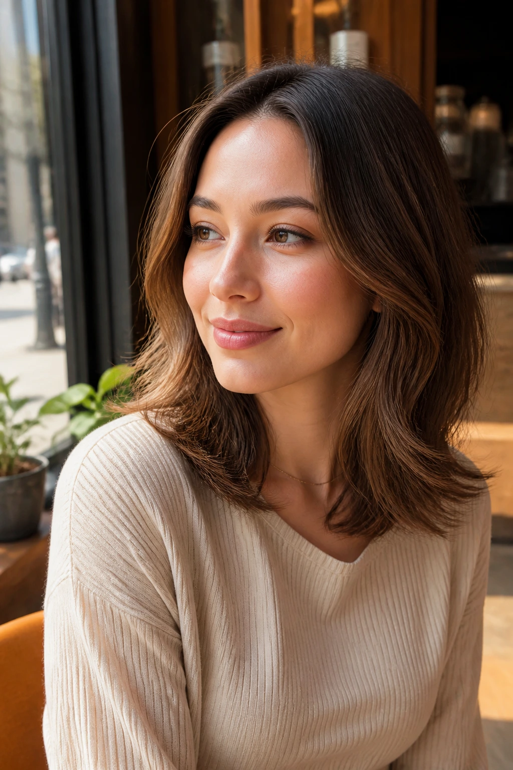 Close-up portrait of a real woman with collarbone-length cut and soft layers framing the face