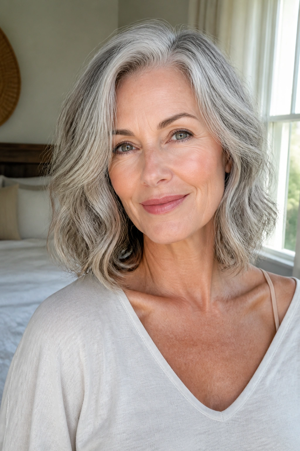Close-up of collarbone-length hair with soft waves on a real woman