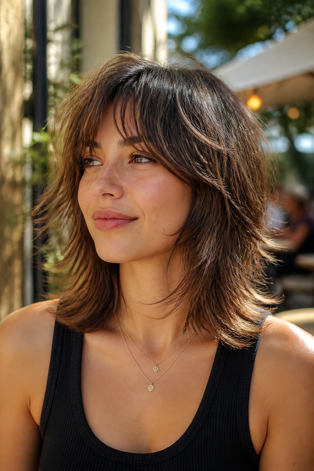 Portrait of a real person with collarbone-length feathered shag in outdoor cafe light