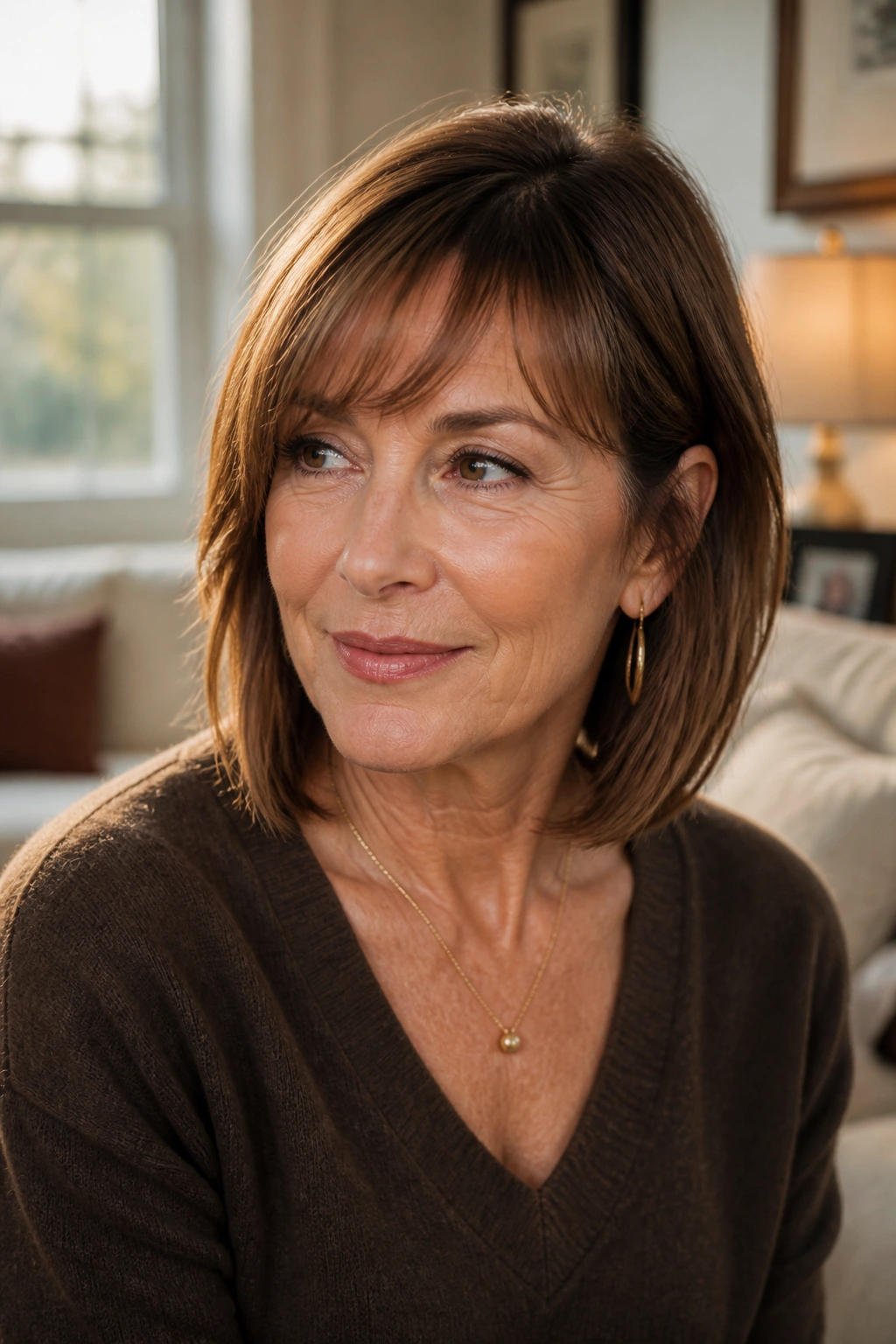 Close-up portrait of a woman with a collarbone-grazing French bob in warm window light