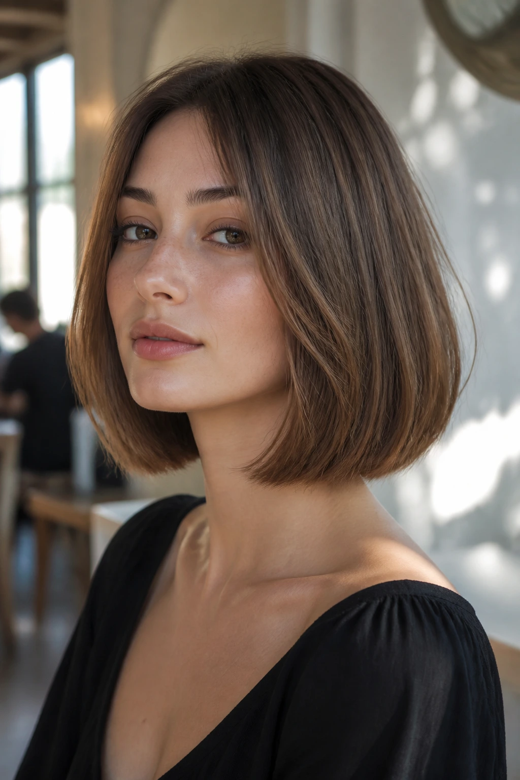 Close-up of a real woman in a collarbone-length French bob