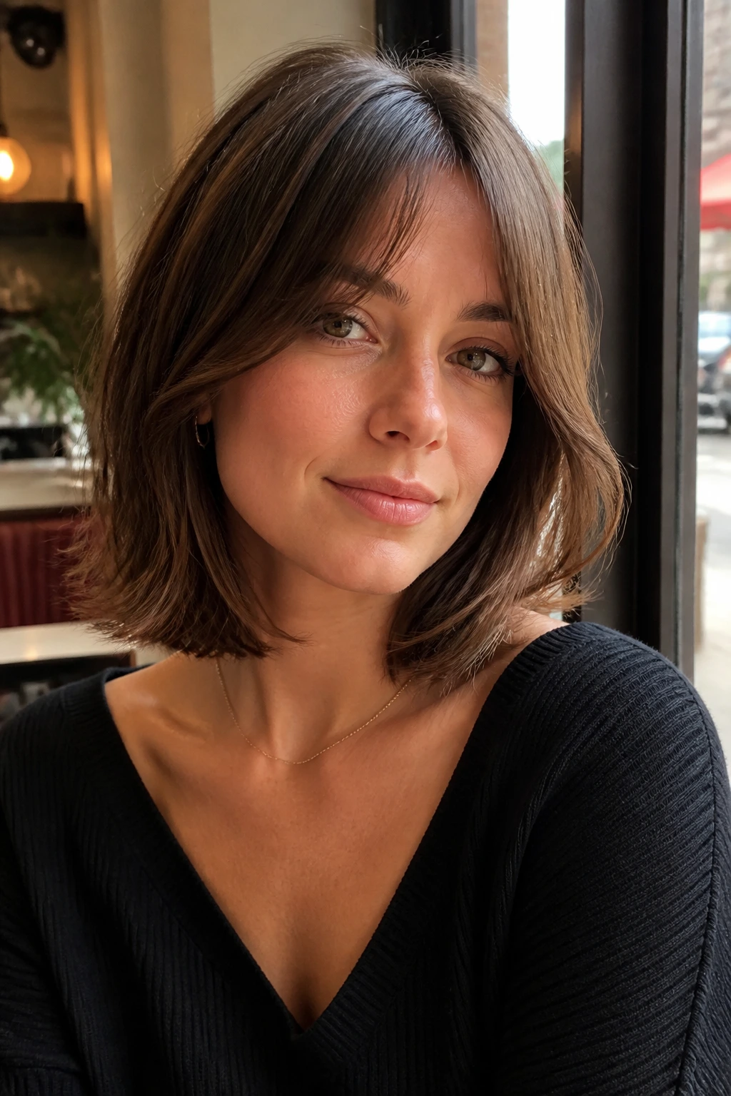 Portrait of a woman with collarbone-length bob and curtain bangs by a window