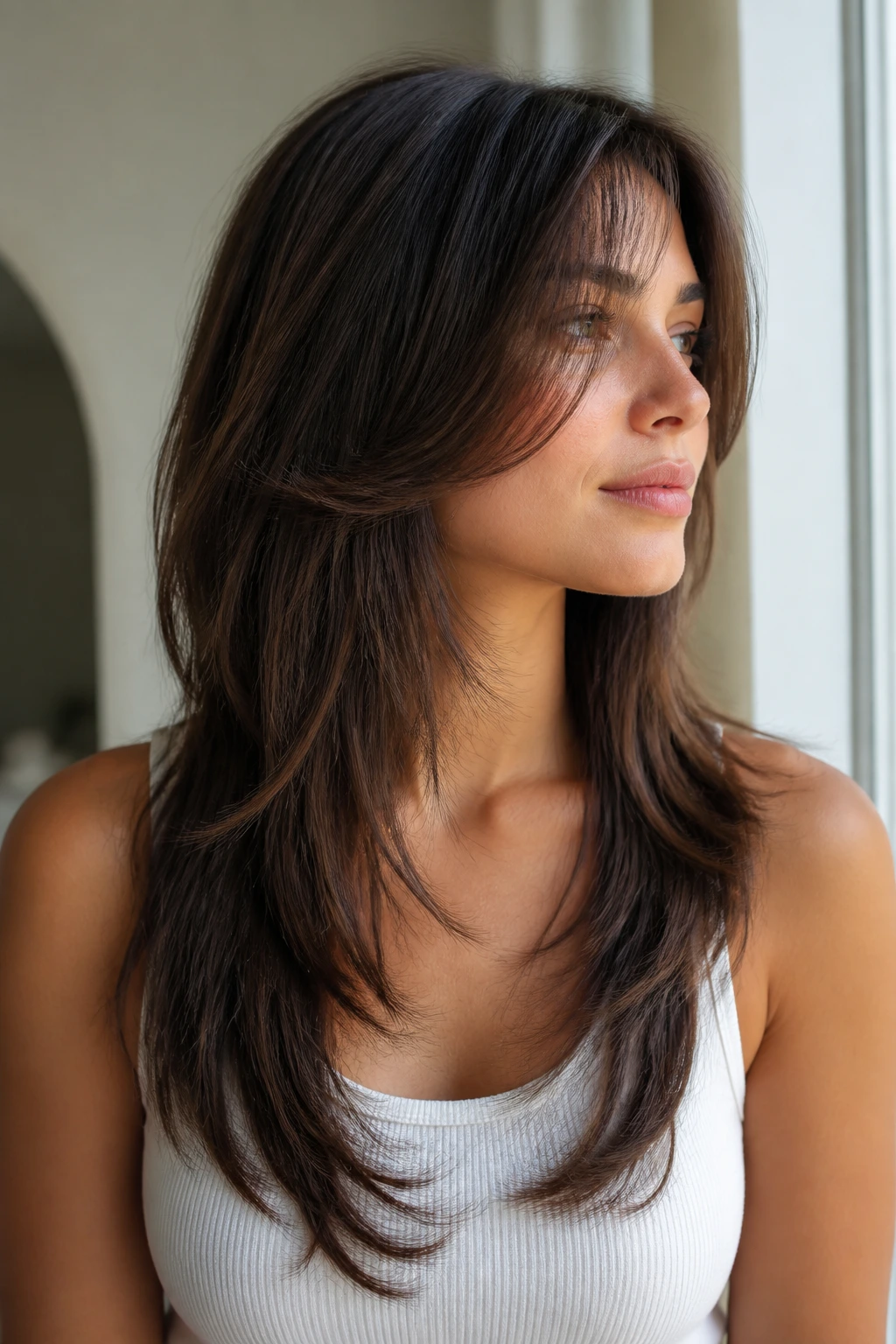 Real woman with collarbone-length front pieces and long back layers