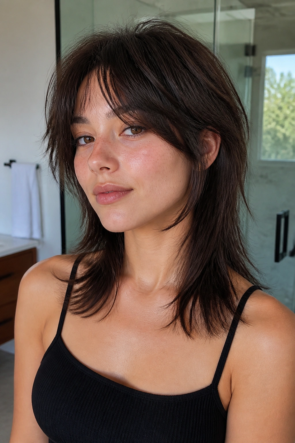 Real person portrait showing collarbone-front pieces and long back of a wolf cut.