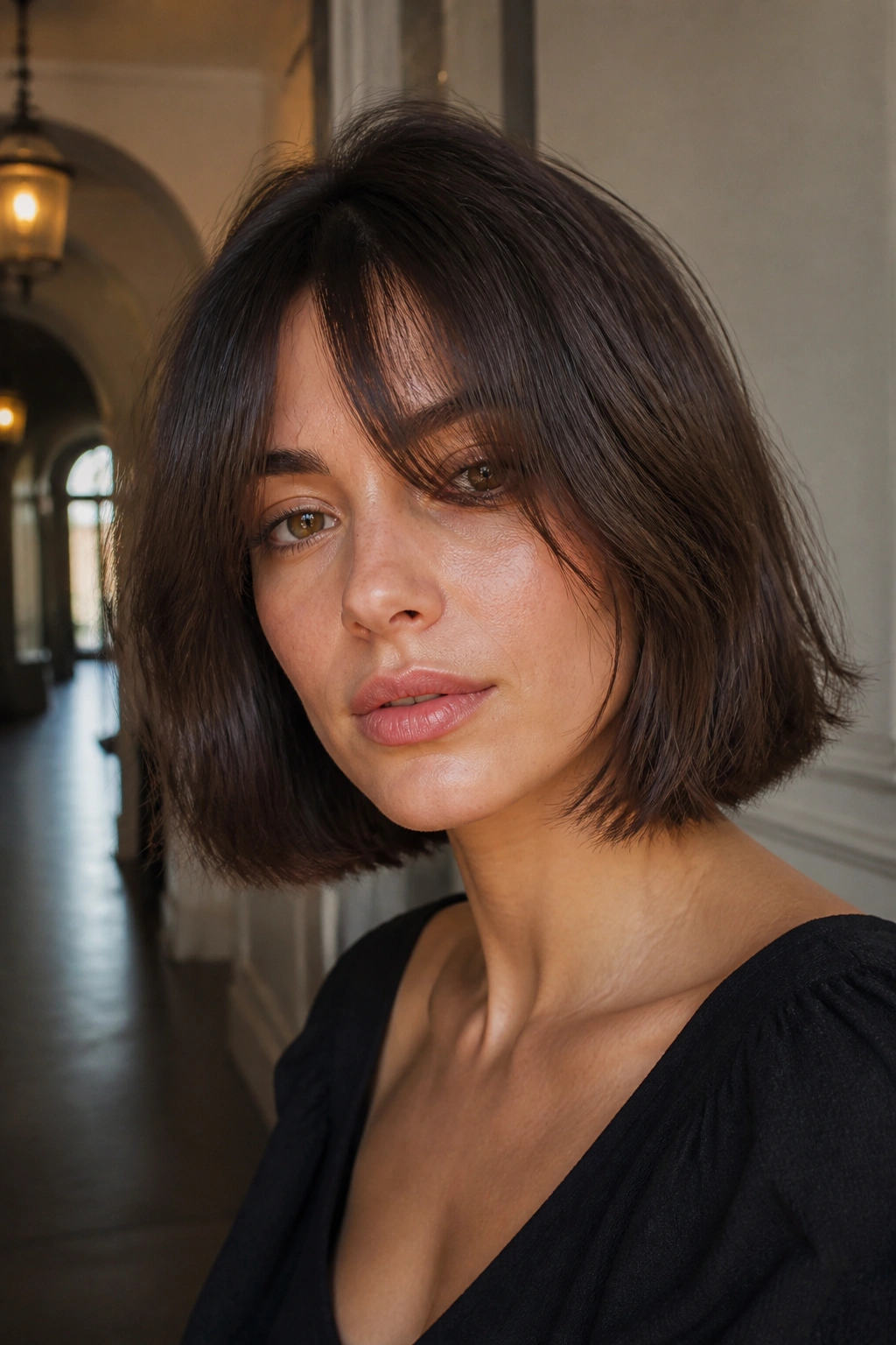 Real woman with collarbone-grazing French bob and long bangs in soft natural light