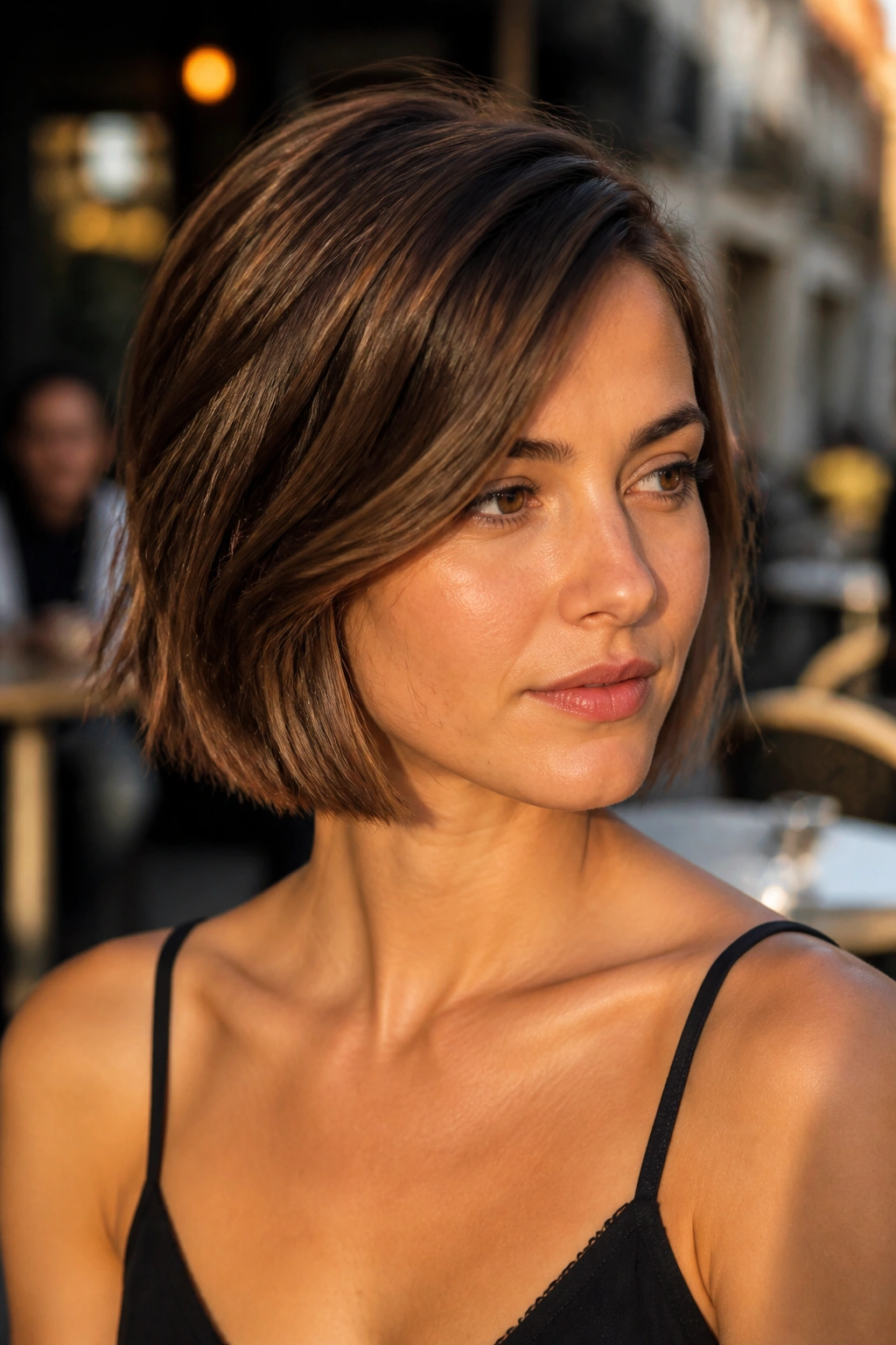 Close-up of a real woman with collarbone-grazing French bob and side part