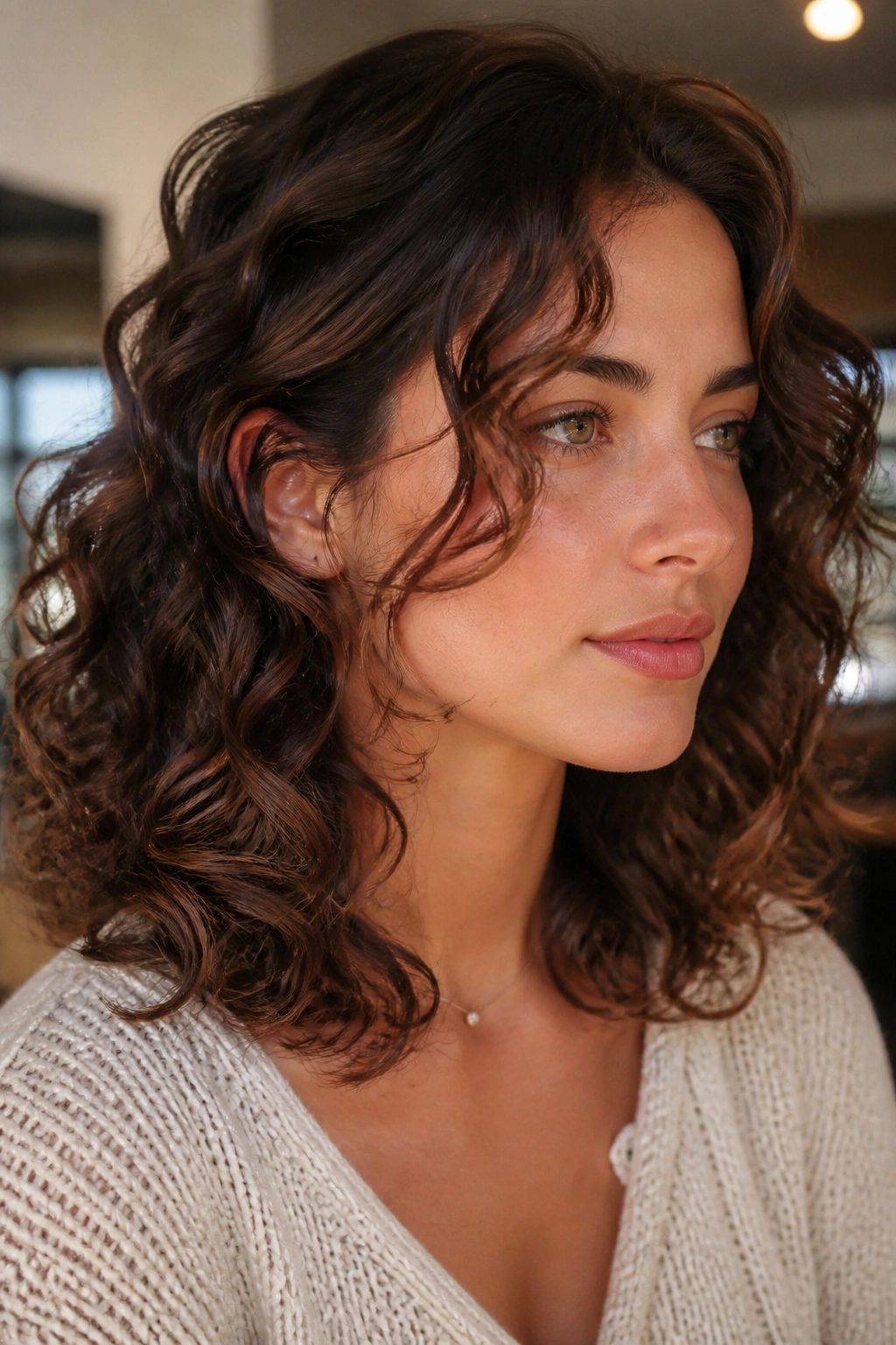 Portrait of a woman with collarbone-length front layers softened around the jaw