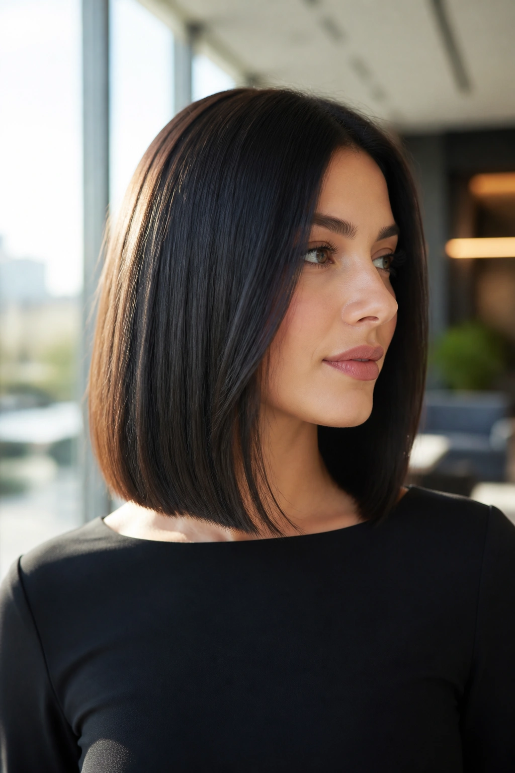 Medium close-up of real woman with collarbone-length sleek lob