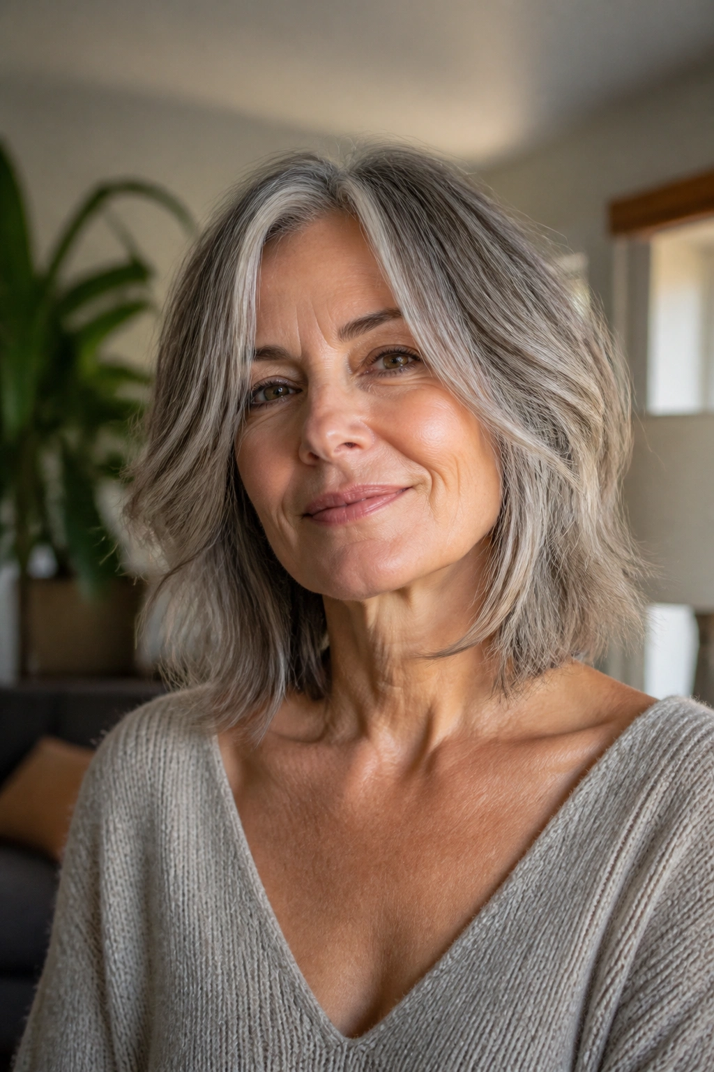 Close-up portrait of a woman with a textured collarbone-length grey haircut in a cozy living room