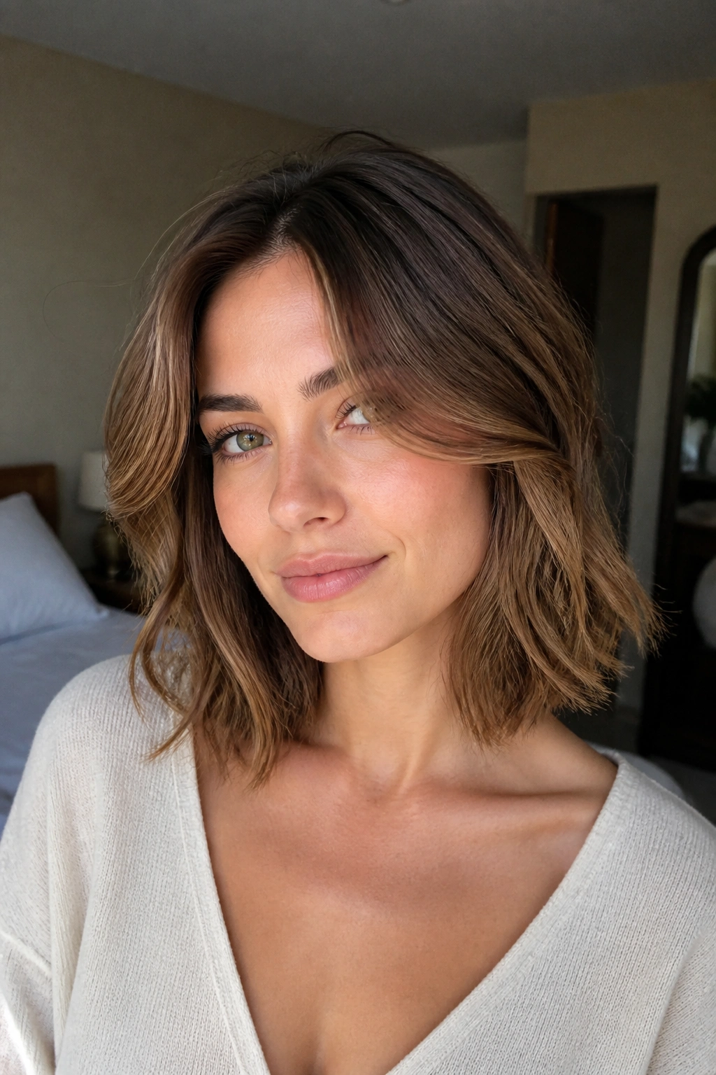 Close-up portrait of a real woman with a collarbone-length layered bob, soft waves framing her face under natural window light.