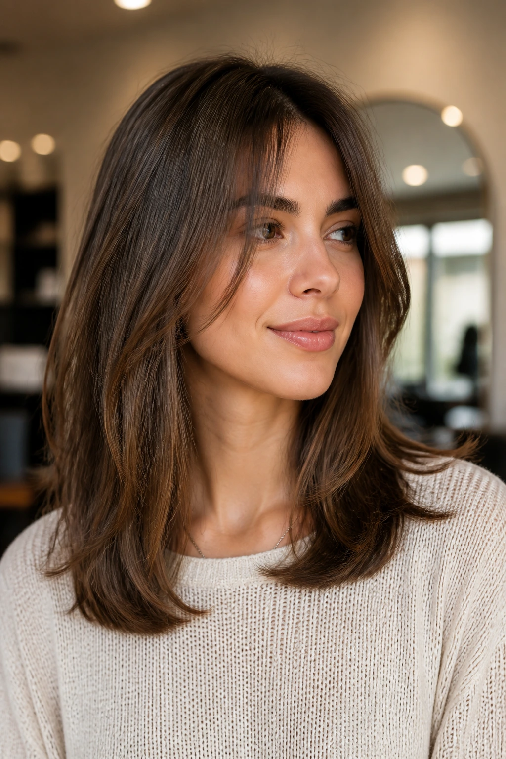 Real woman with collarbone-length layers keeping ends heavy