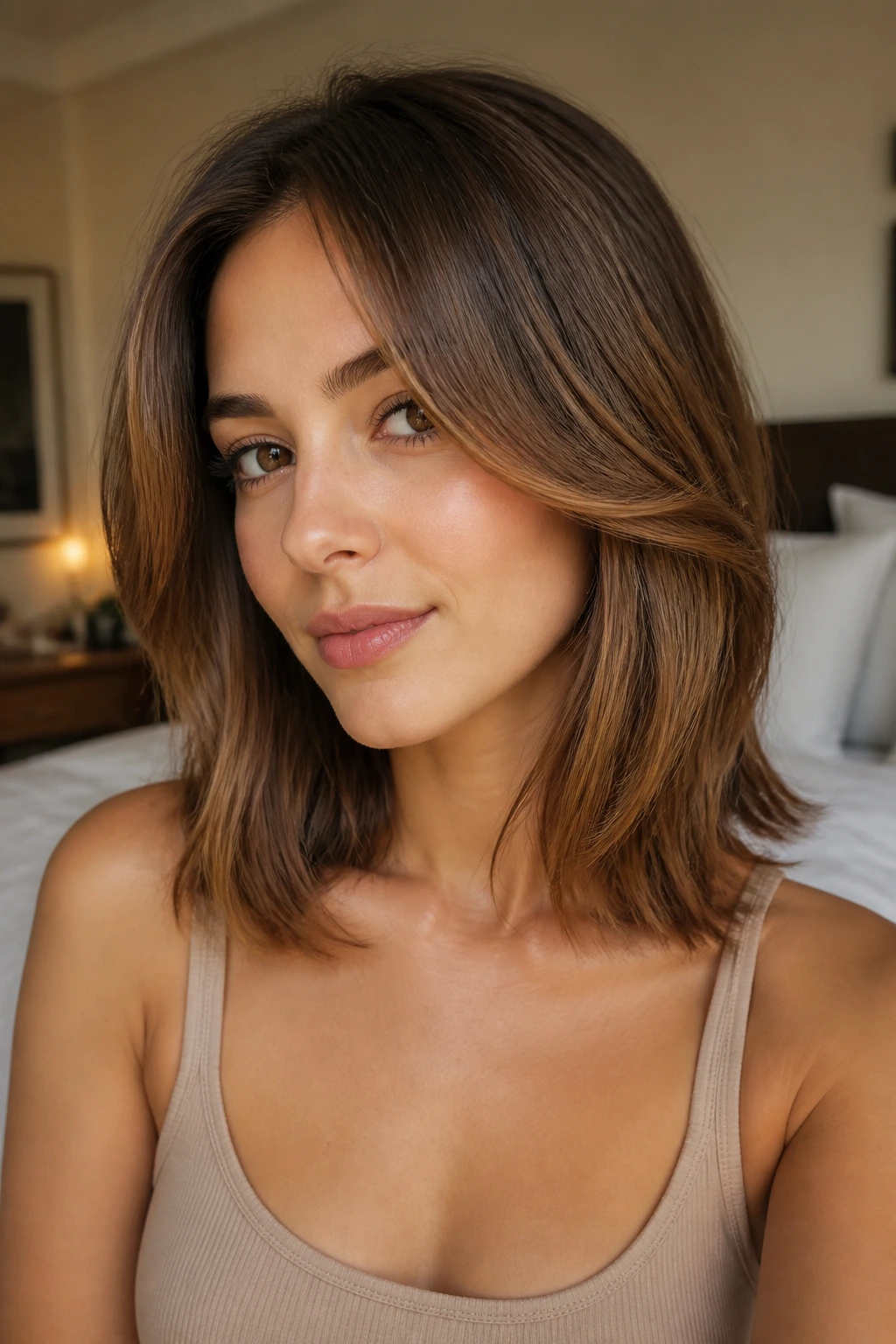 Close-up portrait of a real woman with collarbone-length layered hair and soft face-framing pieces.