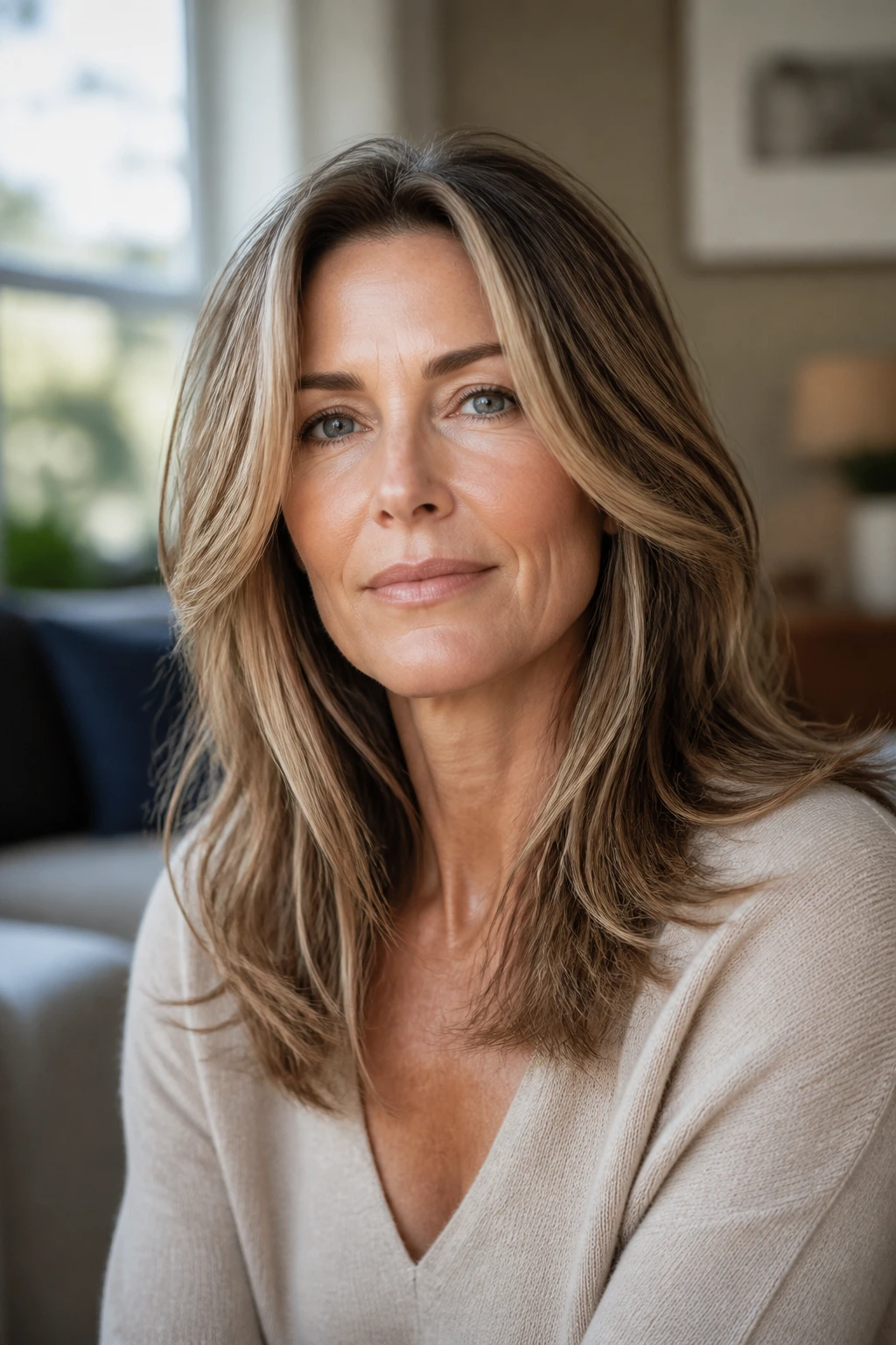 Close-up portrait of a real woman with collarbone-start layers in long hair