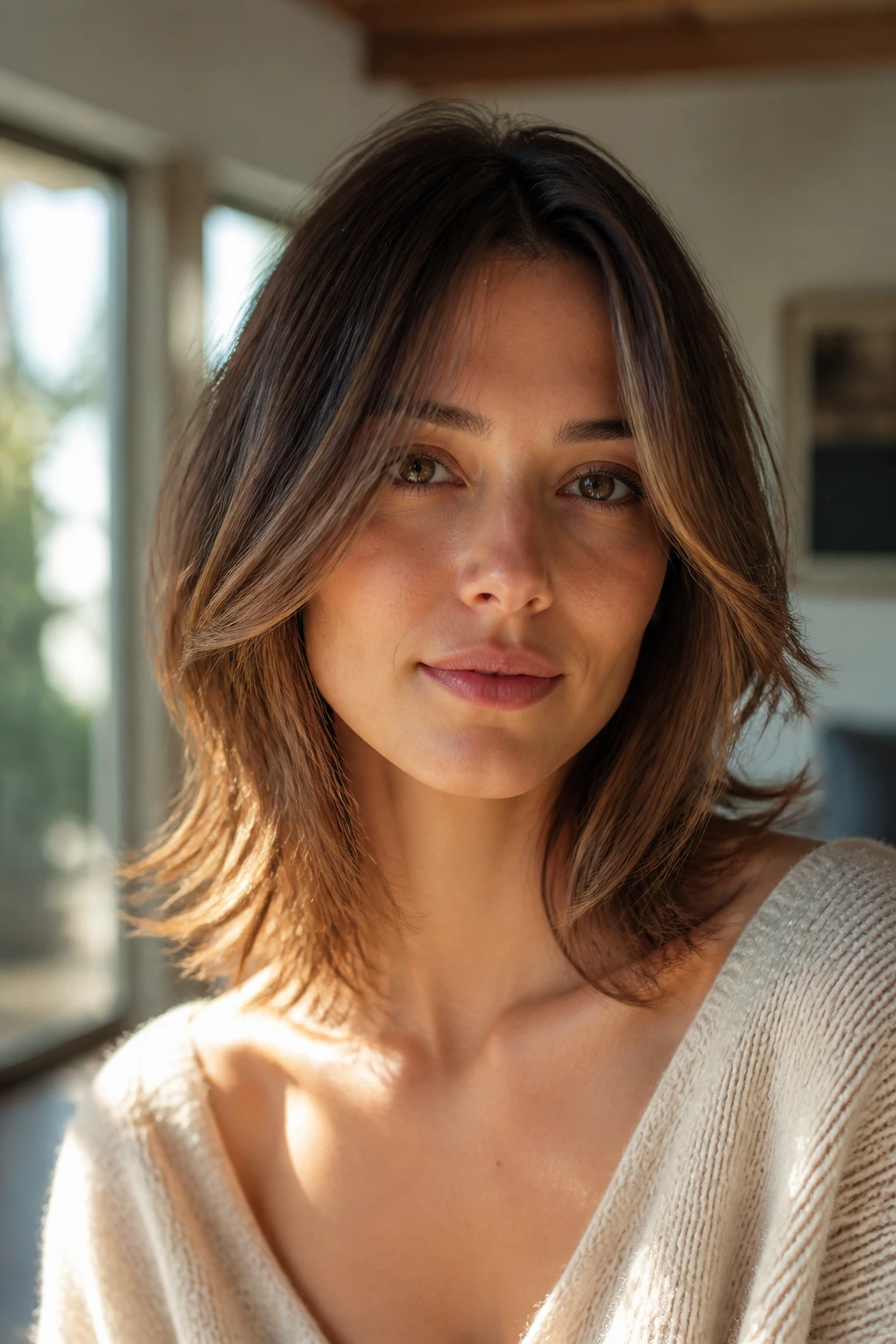 Close-up portrait of a real woman with collarbone-length hair and textured ends