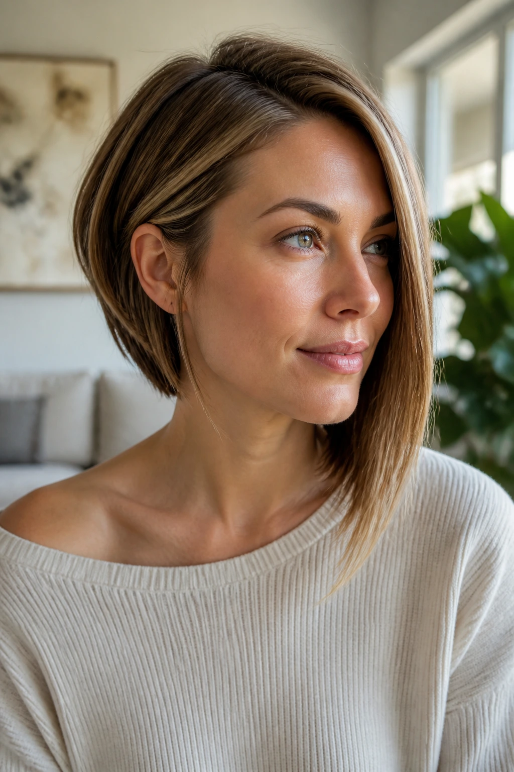 Real woman with collarbone-length asymmetric lob in bright daylight