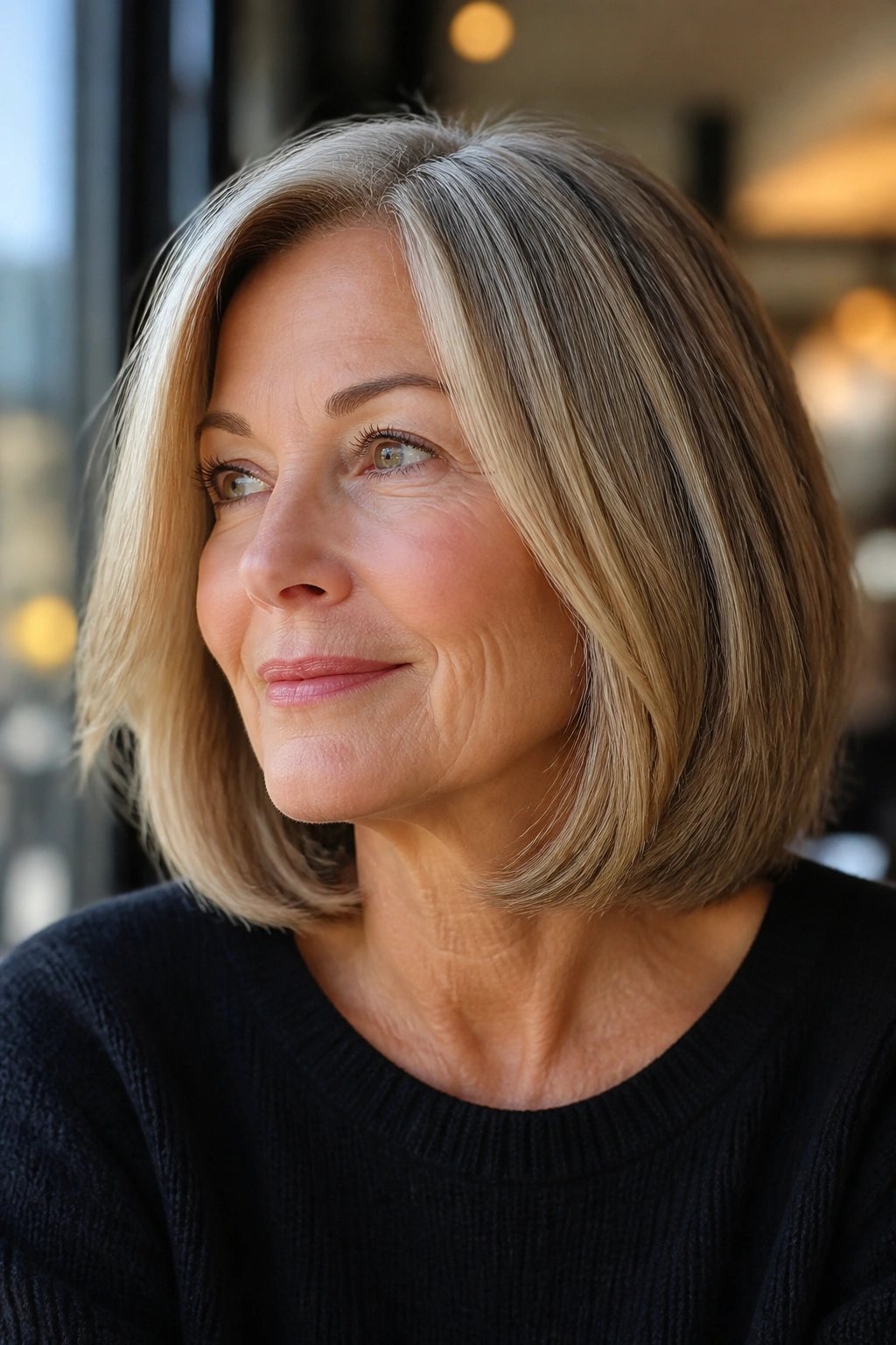 Close-up of real woman with collarbone-length bob near shoulders
