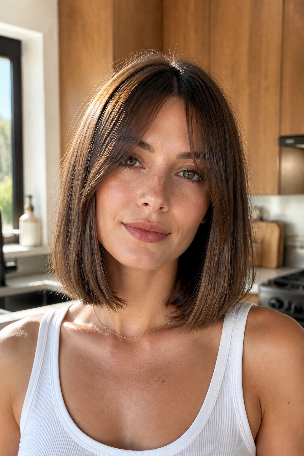 Portrait of a real woman with collarbone-length bob and split fringe in sunlit kitchen light