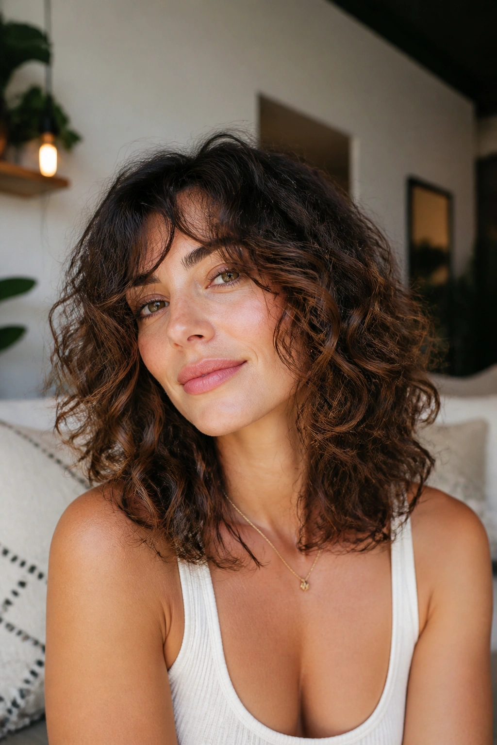 Close-up of collarbone-length curly shag on a real woman with curls near the collarbone