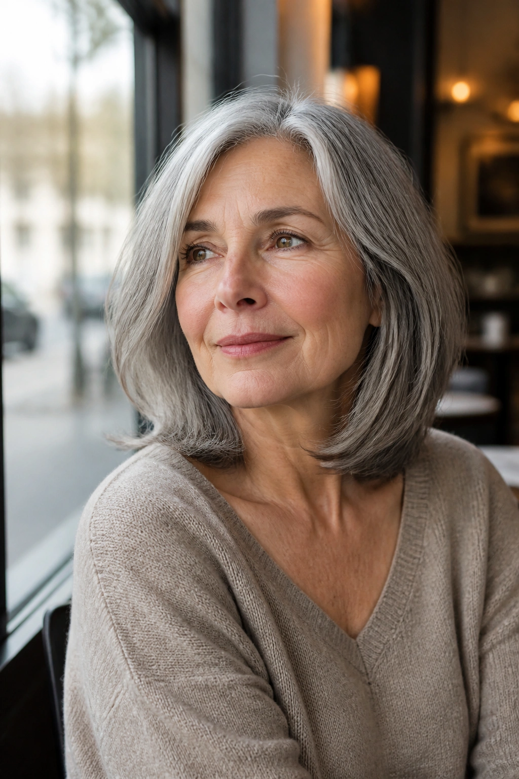Close-up of a real woman with collarbone-length French bob and silver-gray hair