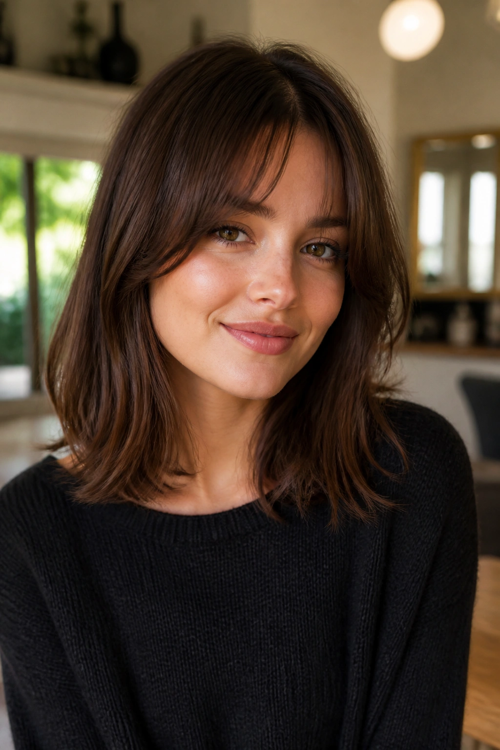 Real woman with collarbone-length hair and fringe in a sunlit setting