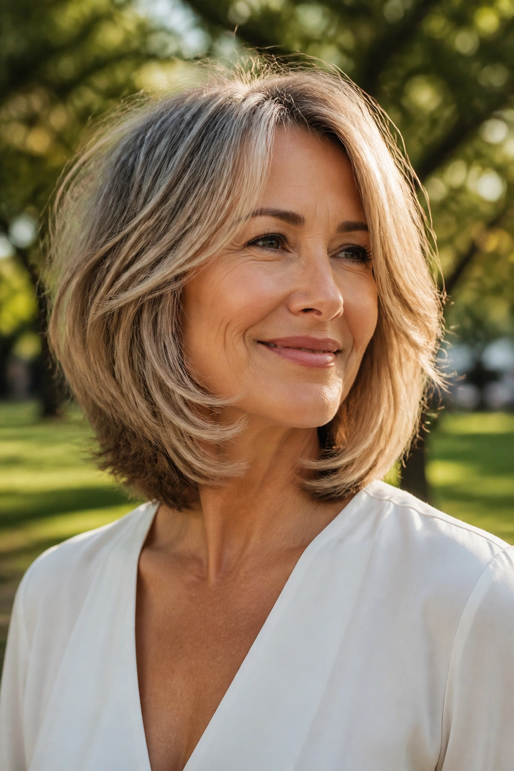 Real woman with collarbone-length layered bob in sunny park.