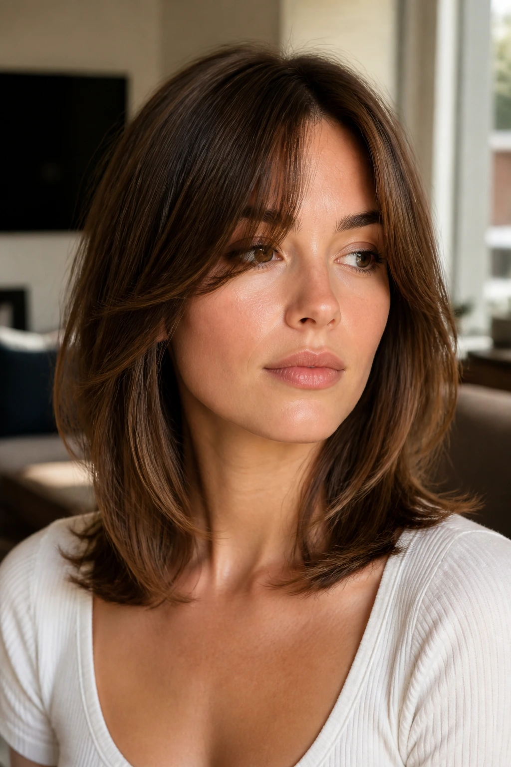 Portrait of a woman with collarbone-length layered hair and curtain bangs in a softly lit room