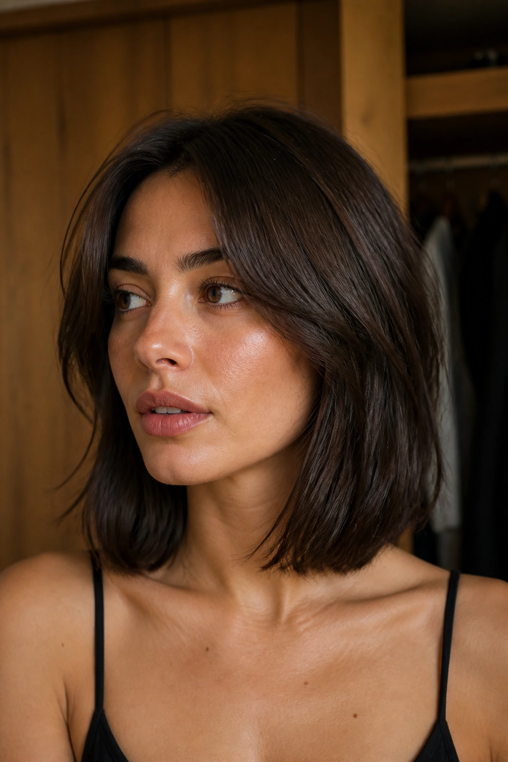 Close-up portrait of a real woman with a collarbone-length Italian bob and light layers.