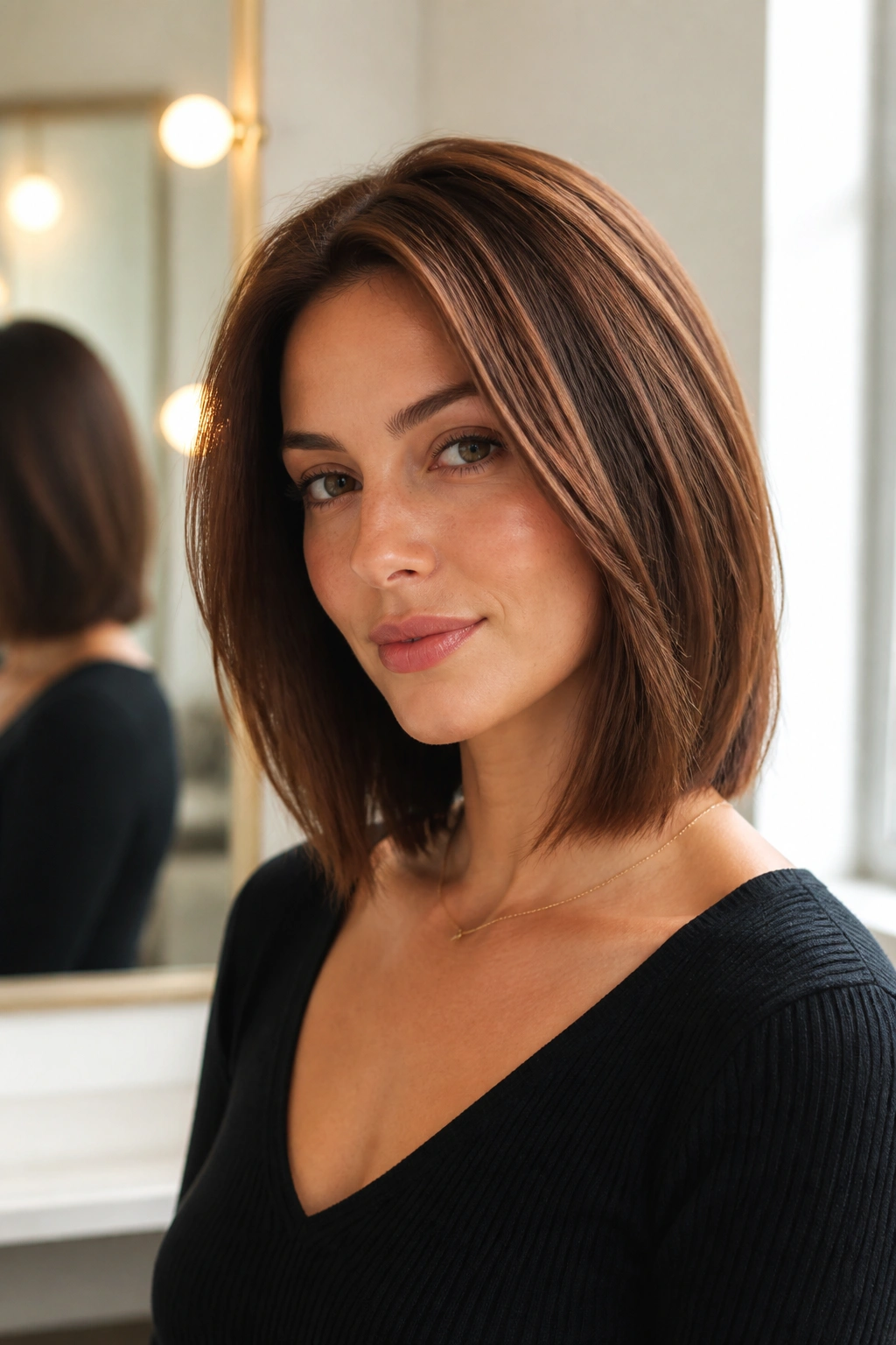 Close-up portrait of a real woman with a collarbone-length lob grazing the collarbone