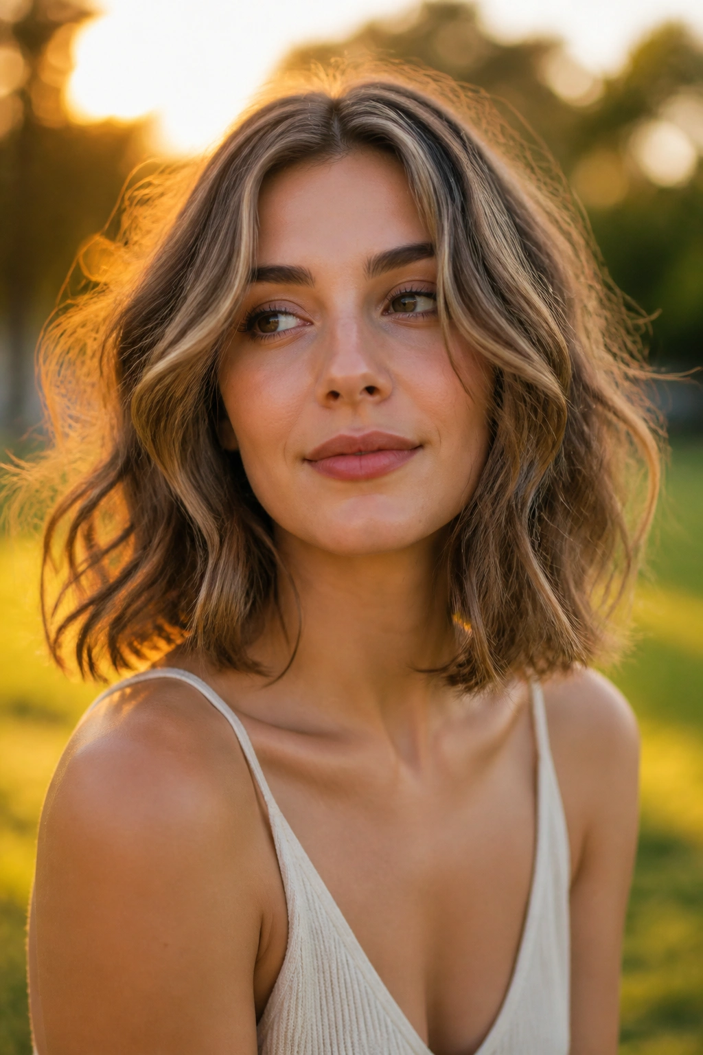 Real woman with collarbone-length wavy bob in golden-hour park setting.